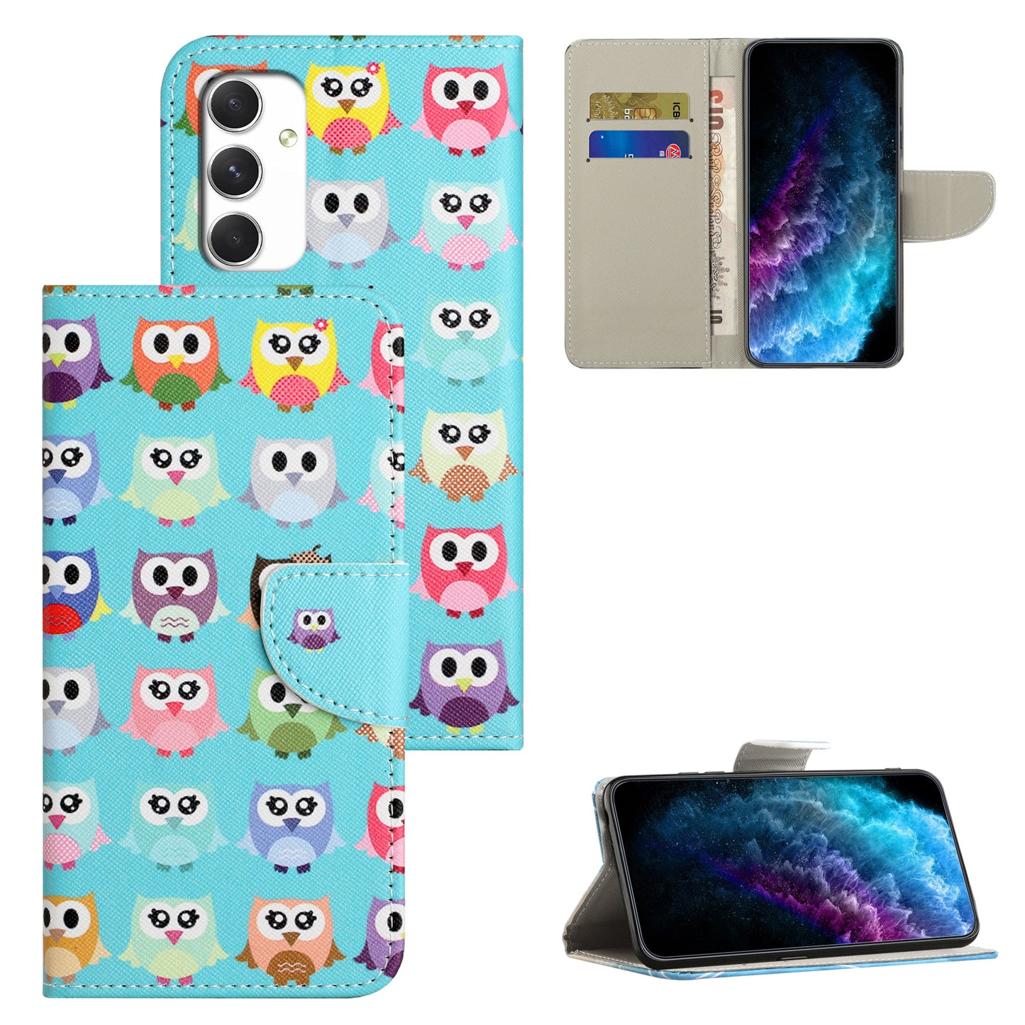For Samsung Galaxy A16 5G / A16 4G Case Cross Texture Leather Phone Cover Pattern Printing - Owls