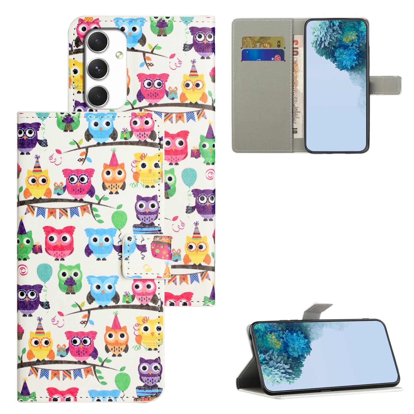 For Samsung Galaxy A16 5G / A16 4G Case Pattern Print PU Leather Wallet Phone Cover - Owls Sticker