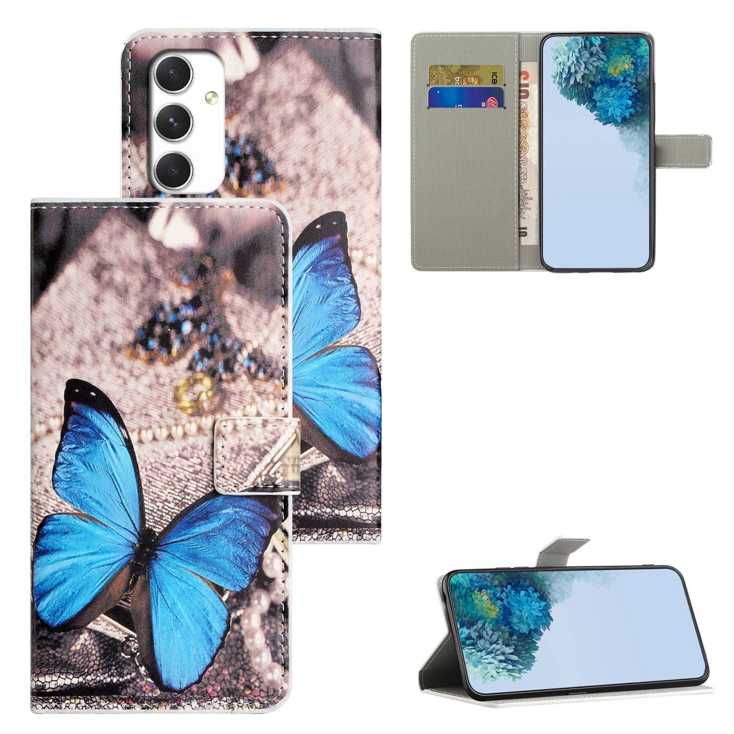 For Samsung Galaxy A16 5G / A16 4G Case Pattern Print PU Leather Wallet Phone Cover - Blue Butterfly