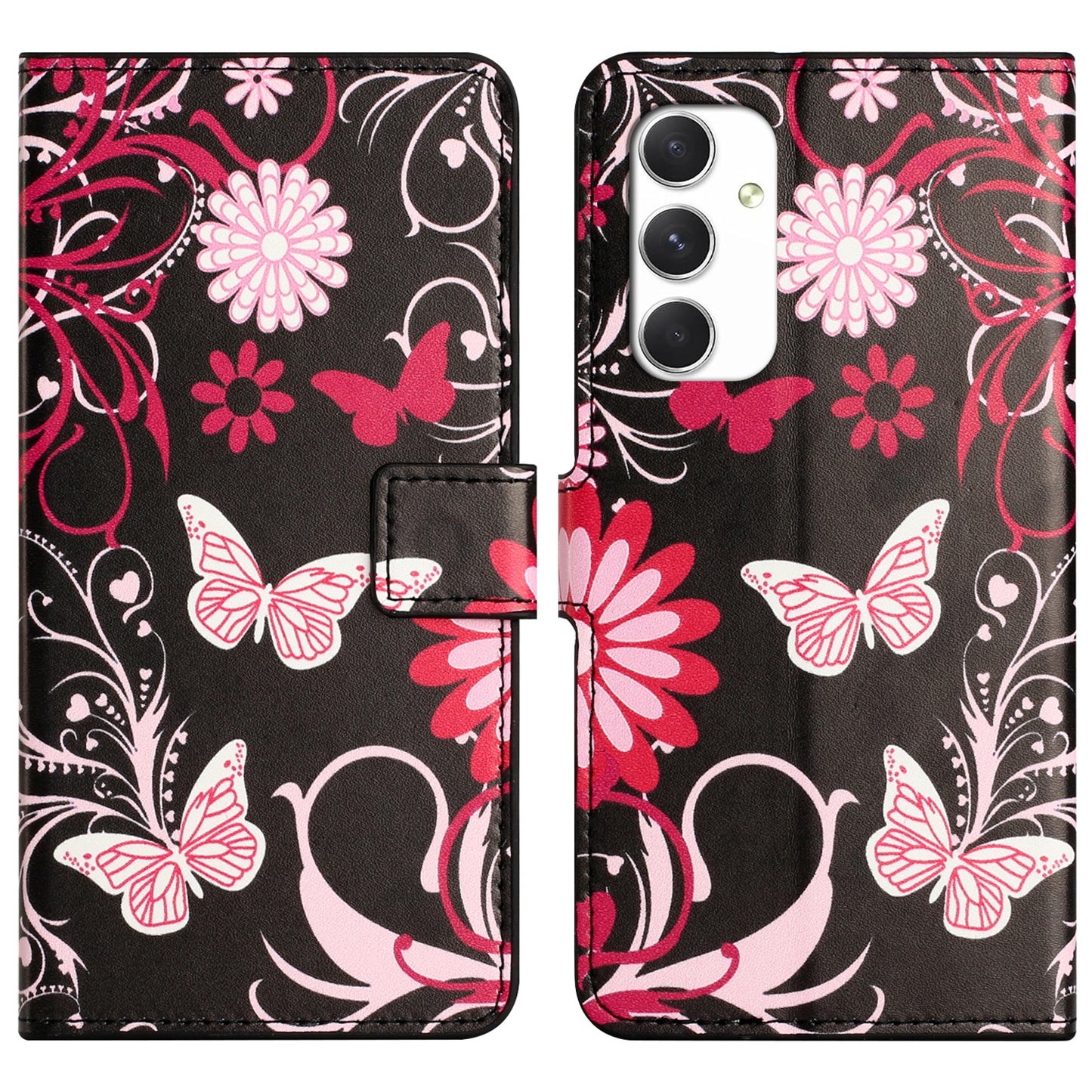 For Samsung Galaxy A16 5G / A16 4G Case Pattern Print PU Leather Wallet Phone Cover - Black Butterfly