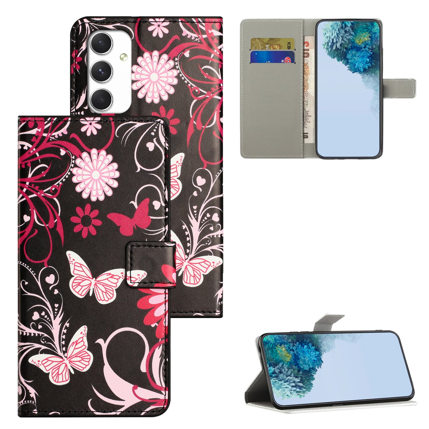 For Samsung Galaxy A16 5G / A16 4G Case Pattern Print PU Leather Wallet Phone Cover - Black Butterfly