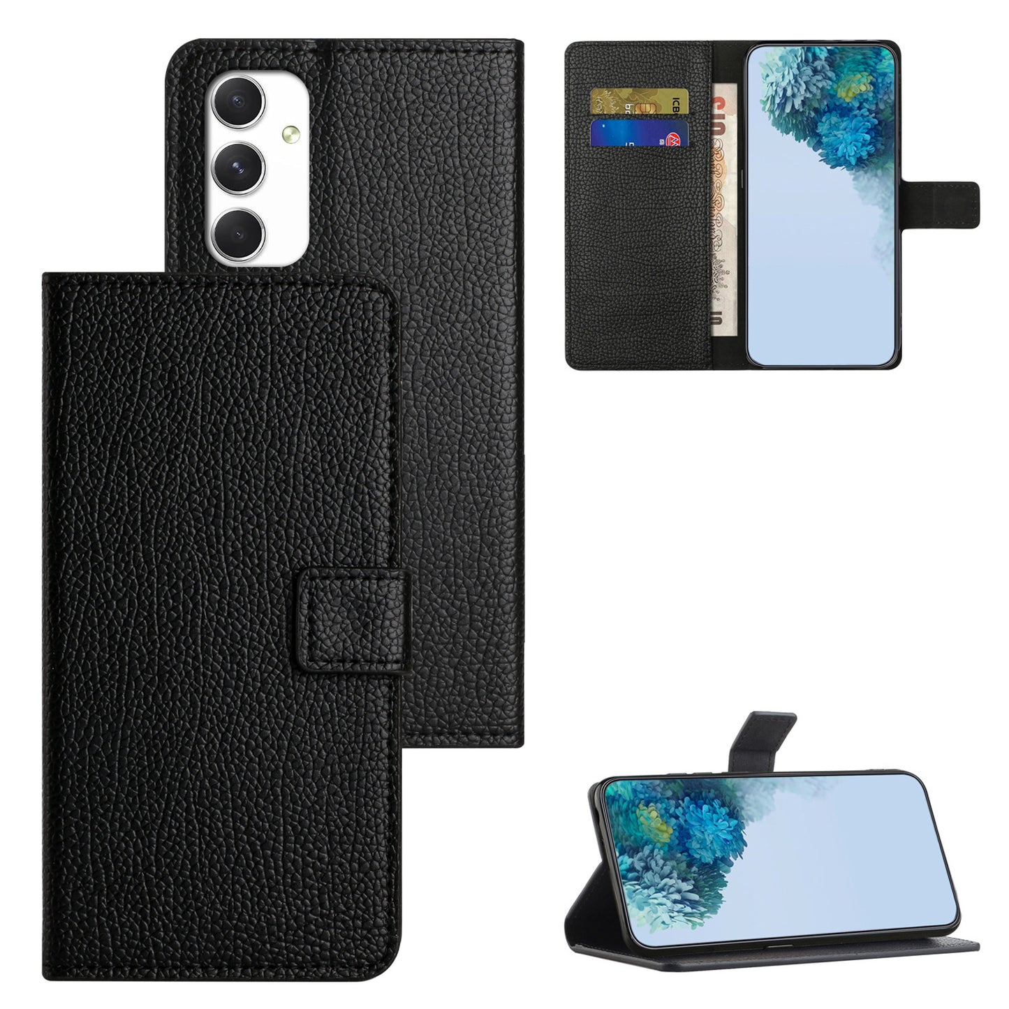 For Samsung Galaxy A16 5G / A16 4G Case PU Leather Wallet Phone Cover Litchi Texture, Black