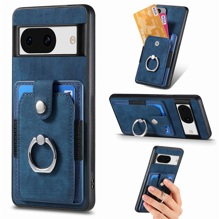 D2 for Google Pixel 8a Case Leather Coated TPU Ring Kickstand Phone Cover with Card Slots - Blue