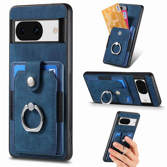 D2 for Google Pixel 8a Case Leather Coated TPU Ring Kickstand Phone Cover with Card Slots - Blue