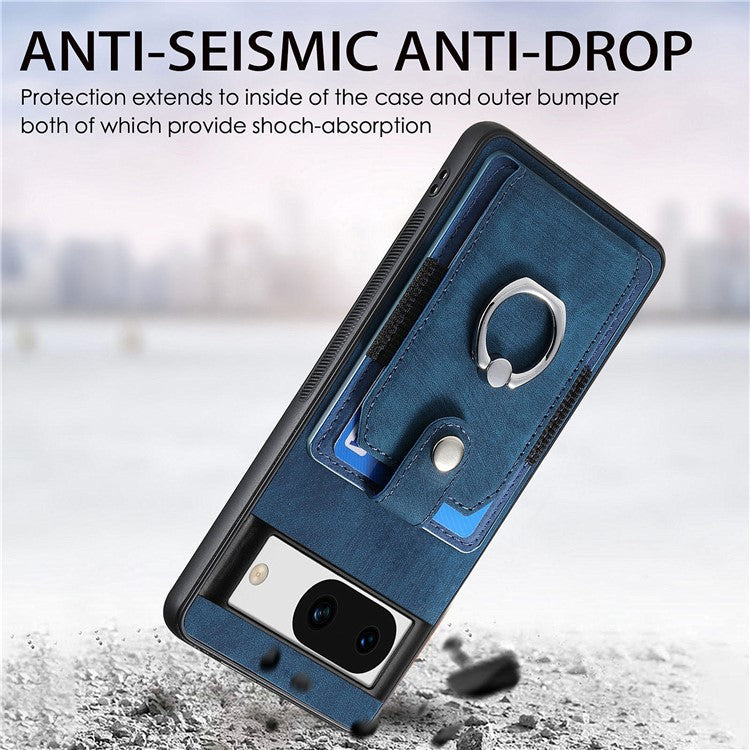 D2 for Google Pixel 8a Case Leather Coated TPU Ring Kickstand Phone Cover with Card Slots - Blue