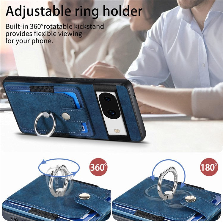 D2 for Google Pixel 8a Case Leather Coated TPU Ring Kickstand Phone Cover with Card Slots - Blue