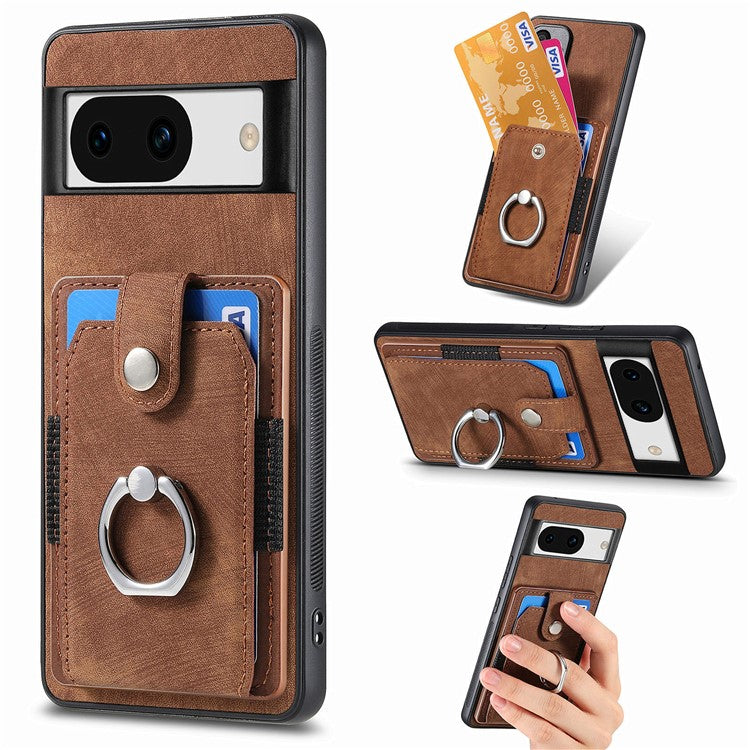 D2 for Google Pixel 8a Case Leather Coated TPU Ring Kickstand Phone Cover with Card Slots - Brown