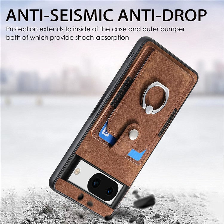 D2 for Google Pixel 8a Case Leather Coated TPU Ring Kickstand Phone Cover with Card Slots - Brown