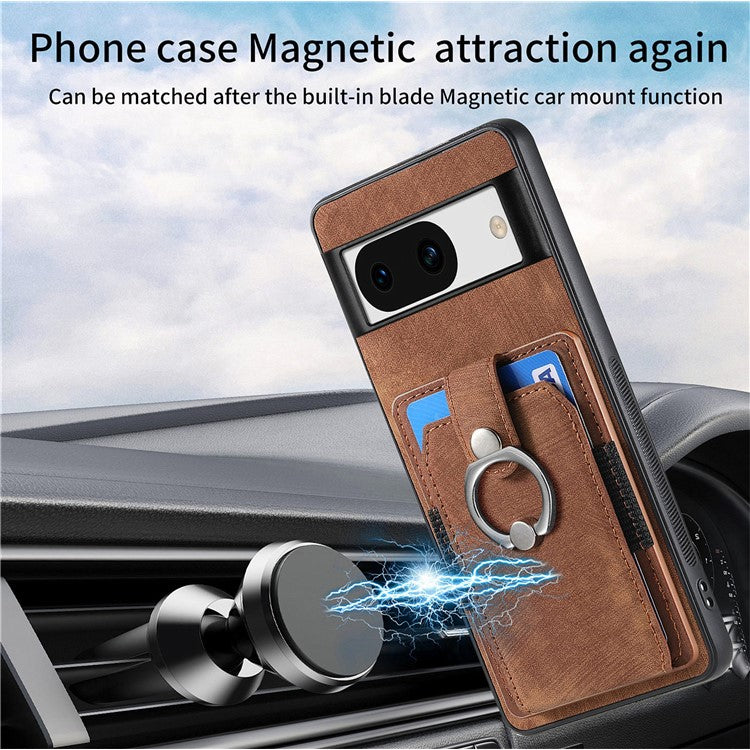 D2 for Google Pixel 8a Case Leather Coated TPU Ring Kickstand Phone Cover with Card Slots - Brown