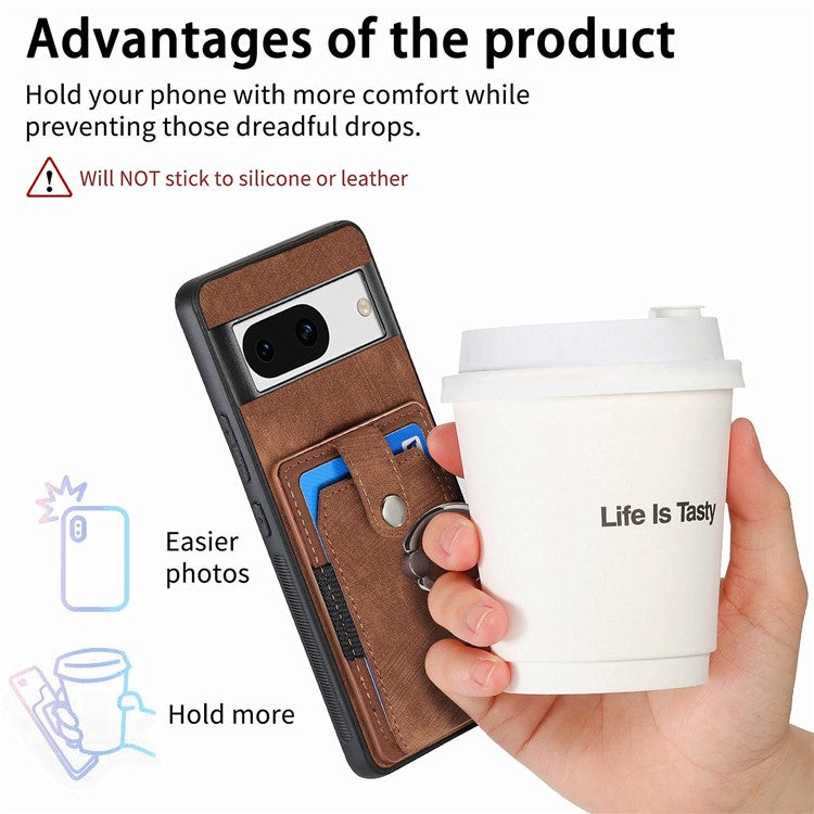 D2 for Google Pixel 8a Case Leather Coated TPU Ring Kickstand Phone Cover with Card Slots - Brown