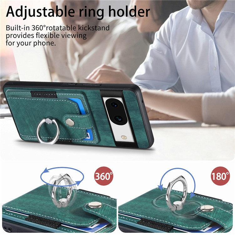 D2 for Google Pixel 8a Case Leather Coated TPU Ring Kickstand Phone Cover with Card Slots - Green