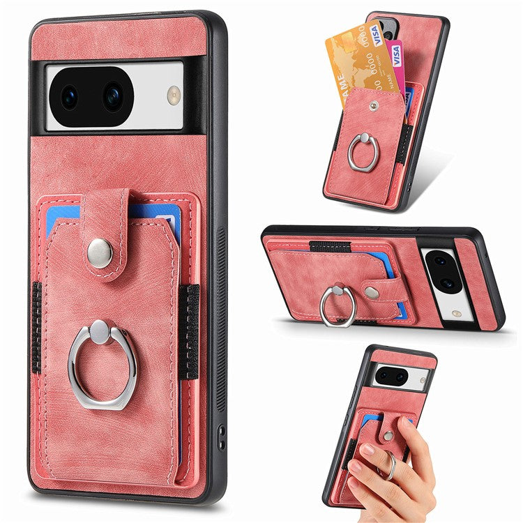 D2 for Google Pixel 8a Case Leather Coated TPU Ring Kickstand Phone Cover with Card Slots - Pink