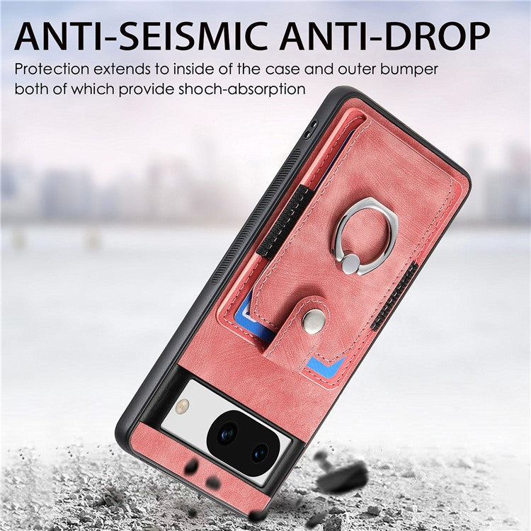 D2 for Google Pixel 8a Case Leather Coated TPU Ring Kickstand Phone Cover with Card Slots - Pink
