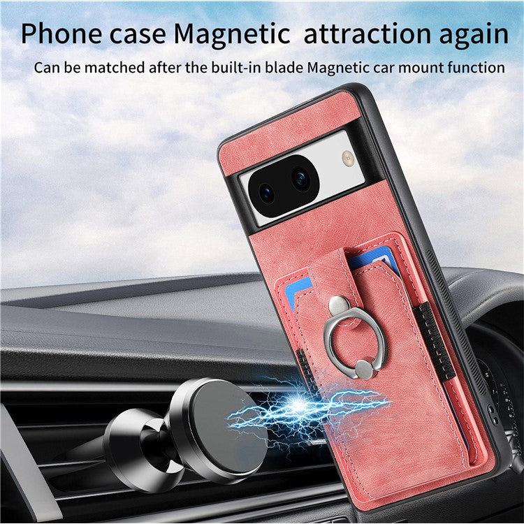 D2 for Google Pixel 8a Case Leather Coated TPU Ring Kickstand Phone Cover with Card Slots - Pink