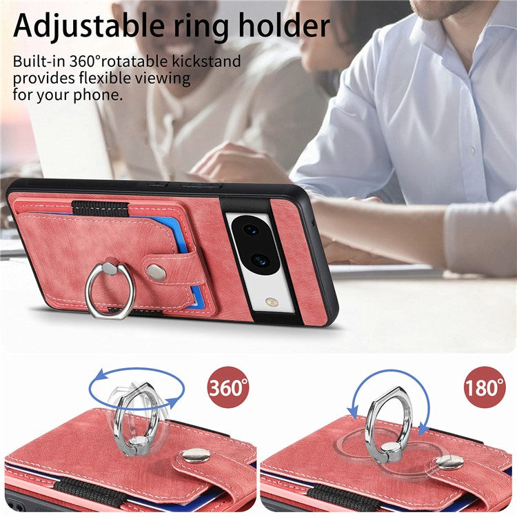 D2 for Google Pixel 8a Case Leather Coated TPU Ring Kickstand Phone Cover with Card Slots - Pink