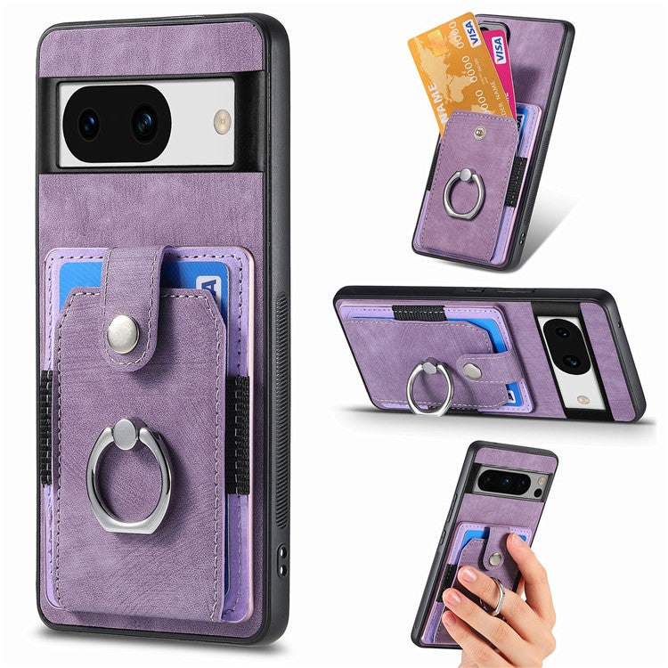 D2 for Google Pixel 8a Case Leather Coated TPU Ring Kickstand Phone Cover with Card Slots - Purple