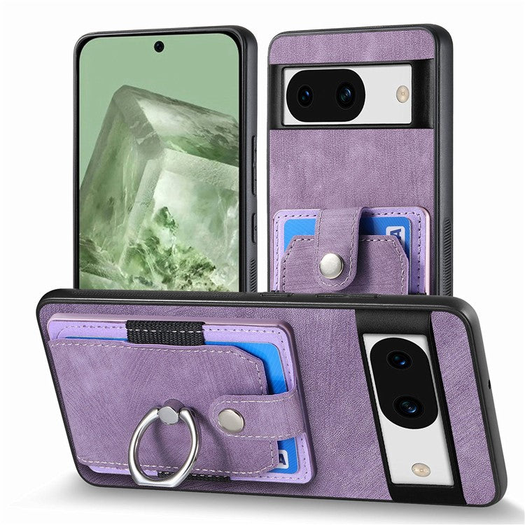 D2 for Google Pixel 8a Case Leather Coated TPU Ring Kickstand Phone Cover with Card Slots - Purple