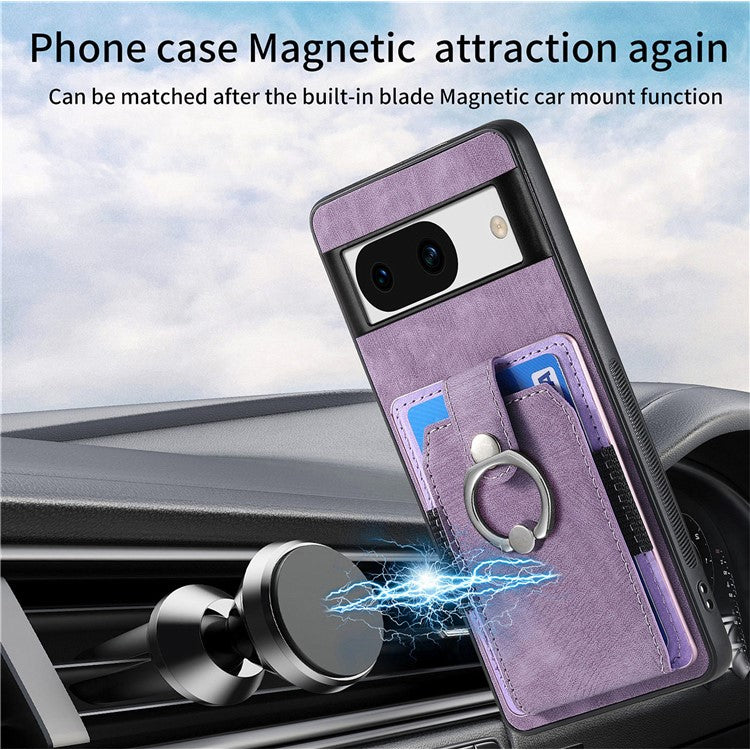 D2 for Google Pixel 8a Case Leather Coated TPU Ring Kickstand Phone Cover with Card Slots - Purple