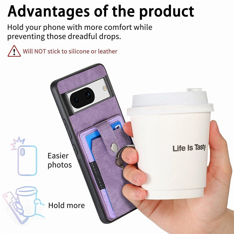 D2 for Google Pixel 8a Case Leather Coated TPU Ring Kickstand Phone Cover with Card Slots - Purple