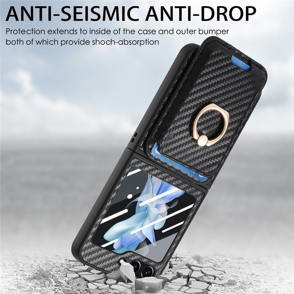 For Samsung Galaxy Z Flip7 FE 5G / Z Flip6 5G Case Ring Kickstand Card Slot Phone Cover with Rear Screen Film - Black