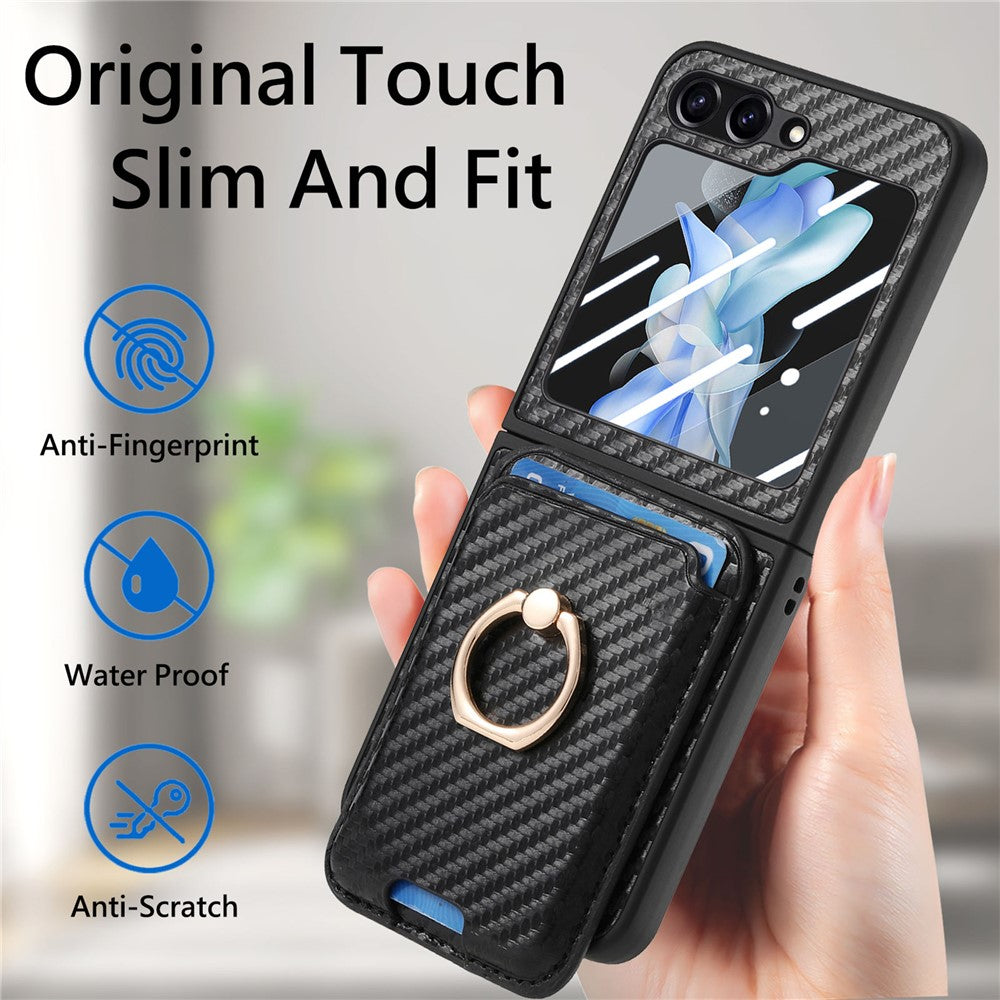 For Samsung Galaxy Z Flip7 FE 5G / Z Flip6 5G Case Ring Kickstand Card Slot Phone Cover with Rear Screen Film - Black