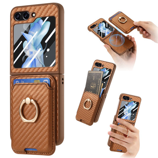 For Samsung Galaxy Z Flip7 FE 5G / Z Flip6 5G Case Ring Kickstand Card Slot Phone Cover with Rear Screen Film - Brown