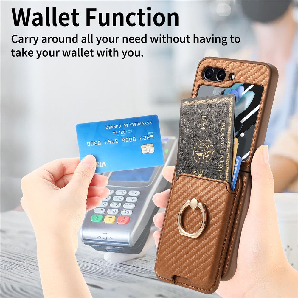 For Samsung Galaxy Z Flip7 FE 5G / Z Flip6 5G Case Ring Kickstand Card Slot Phone Cover with Rear Screen Film - Brown