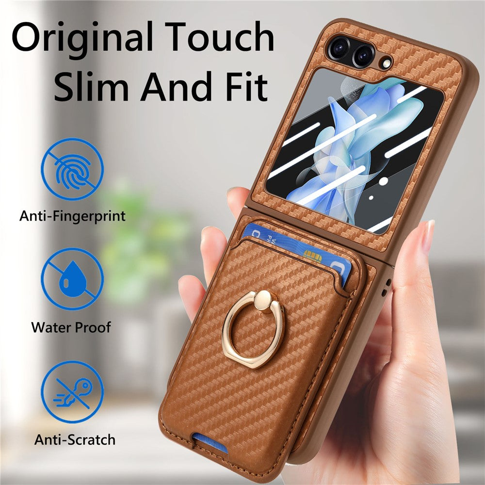 For Samsung Galaxy Z Flip7 FE 5G / Z Flip6 5G Case Ring Kickstand Card Slot Phone Cover with Rear Screen Film - Brown