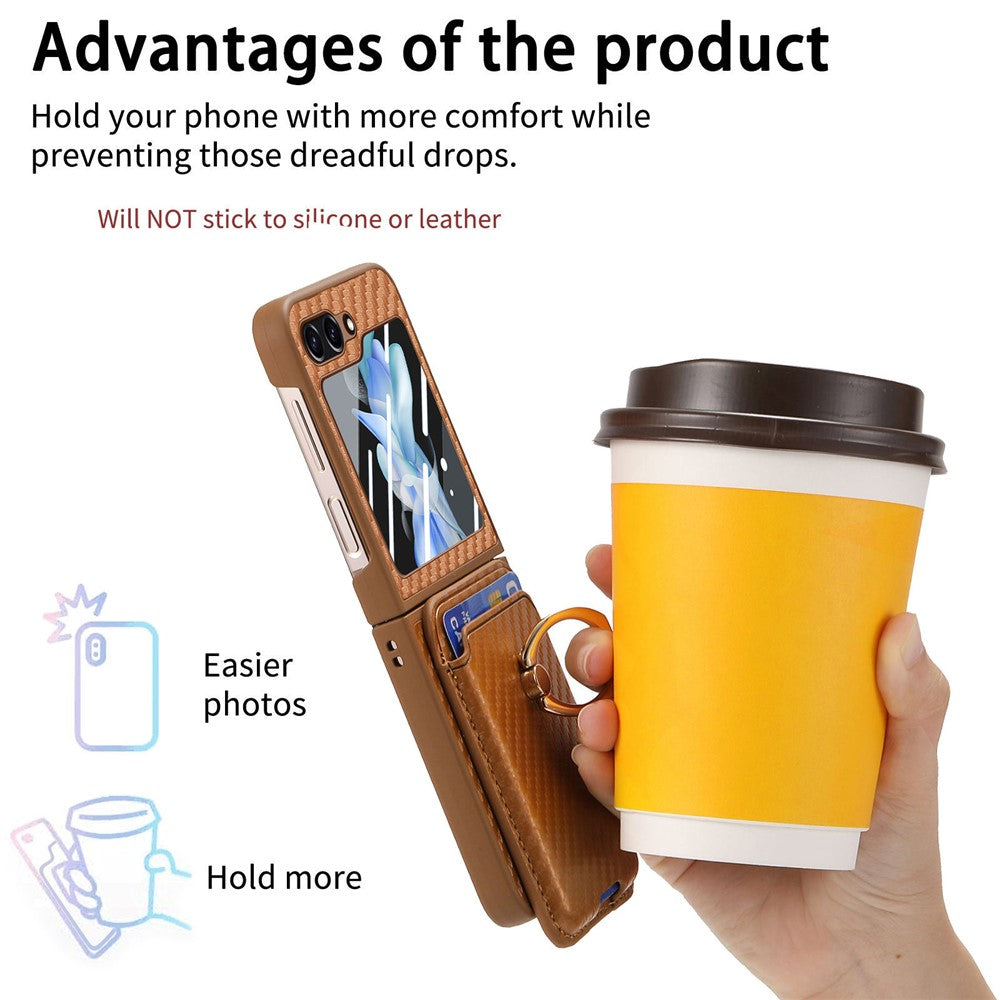 For Samsung Galaxy Z Flip7 FE 5G / Z Flip6 5G Case Ring Kickstand Card Slot Phone Cover with Rear Screen Film - Brown