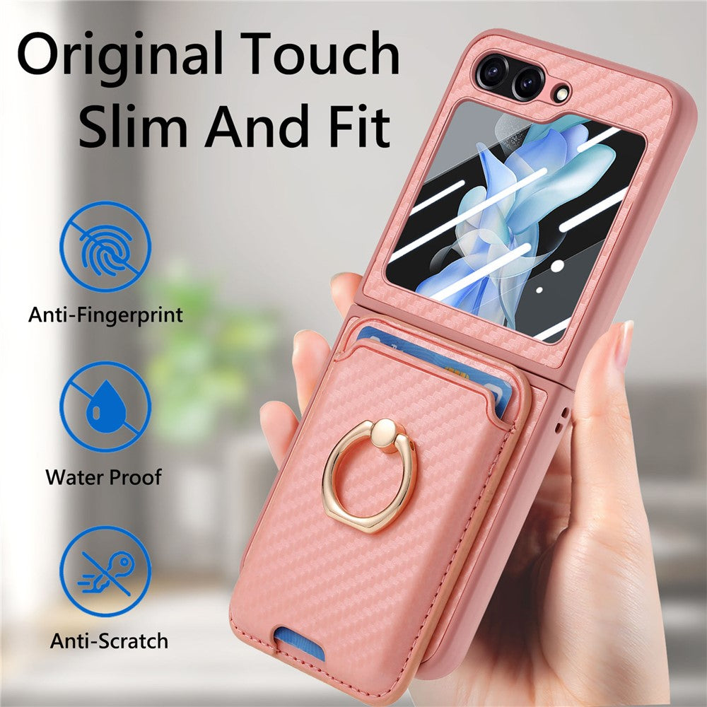 For Samsung Galaxy Z Flip7 FE 5G / Z Flip6 5G Case Ring Kickstand Card Slot Phone Cover with Rear Screen Film - Pink