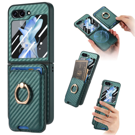 For Samsung Galaxy Z Flip7 FE 5G / Z Flip6 5G Case Ring Kickstand Card Slot Phone Cover with Rear Screen Film - Green