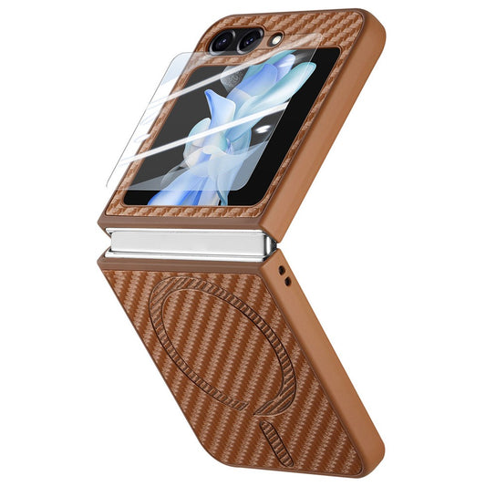For Samsung Galaxy Z Flip7 FE 5G / Z Flip6 5G Magnetic Case Leather+PC Folding Phone Cover with Rear Screen Film - Brown