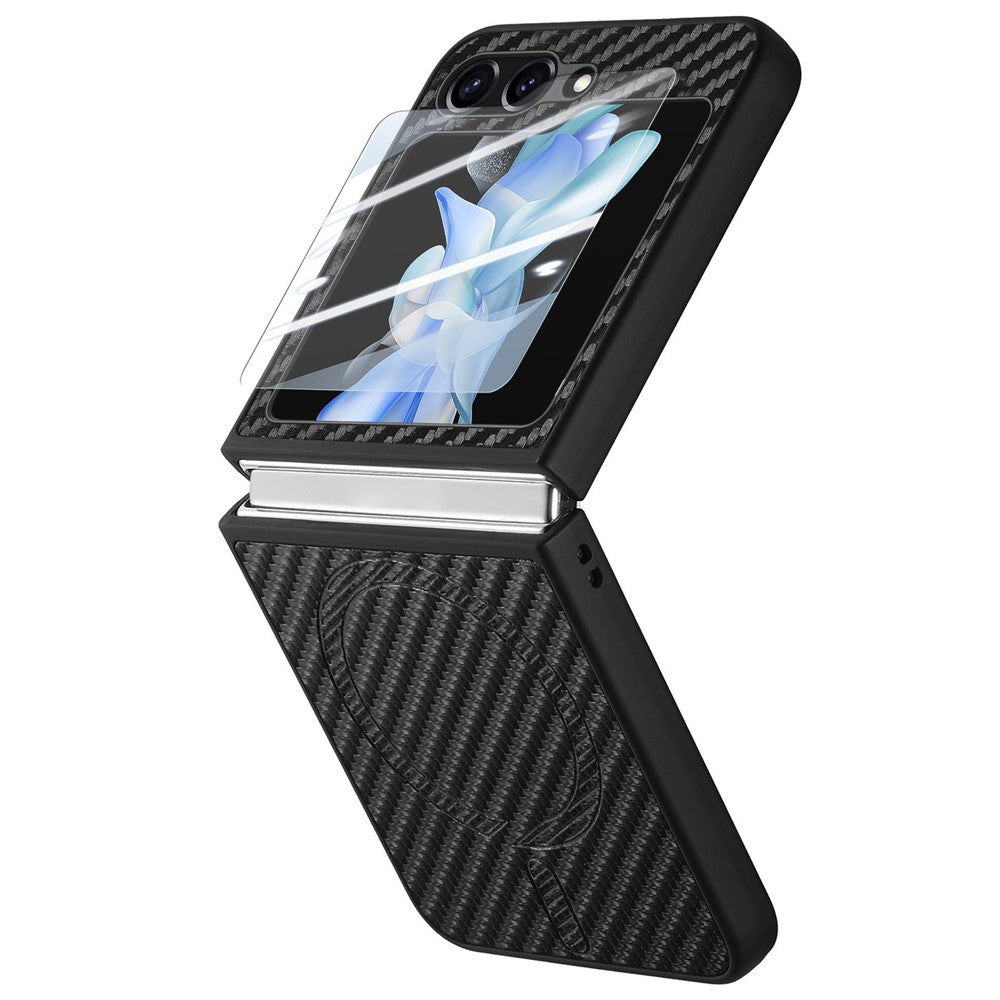 For Samsung Galaxy Z Flip7 FE 5G / Z Flip6 5G Magnetic Case Leather+PC Folding Phone Cover with Rear Screen Film - Black