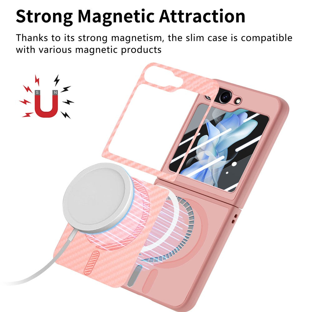For Samsung Galaxy Z Flip7 FE 5G / Z Flip6 5G Magnetic Case Leather+PC Folding Phone Cover with Rear Screen Film - Pink