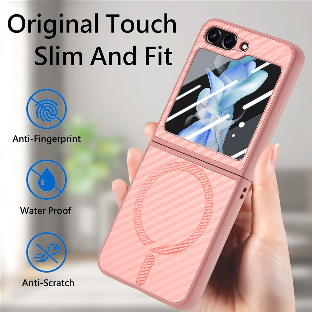 For Samsung Galaxy Z Flip7 FE 5G / Z Flip6 5G Magnetic Case Leather+PC Folding Phone Cover with Rear Screen Film - Pink