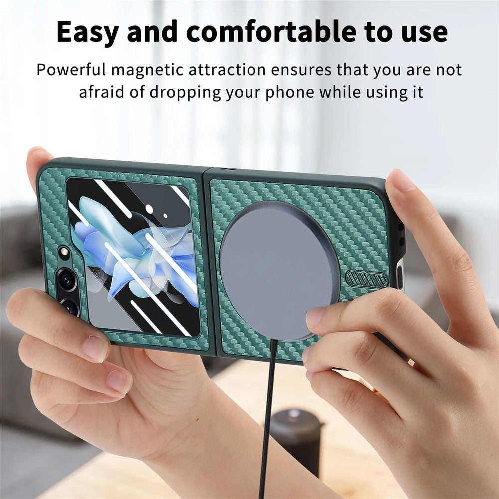 For Samsung Galaxy Z Flip7 FE 5G / Z Flip6 5G Magnetic Case Leather+PC Folding Phone Cover with Rear Screen Film - Green