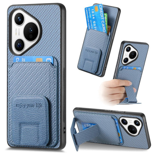 C1-11 for Huawei Pura 70 Case Kickstand Carbon Fiber Texture Leather+TPU Card Slot Phone Cover - Blue