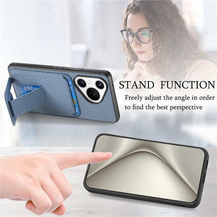 C1-11 for Huawei Pura 70 Case Kickstand Carbon Fiber Texture Leather+TPU Card Slot Phone Cover - Blue