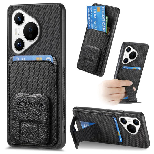 C1-11 for Huawei Pura 70 Case Kickstand Carbon Fiber Texture Leather+TPU Card Slot Phone Cover - Black