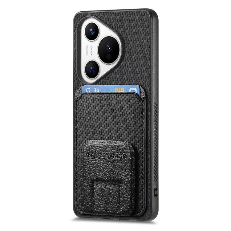 C1-11 for Huawei Pura 70 Case Kickstand Carbon Fiber Texture Leather+TPU Card Slot Phone Cover - Black