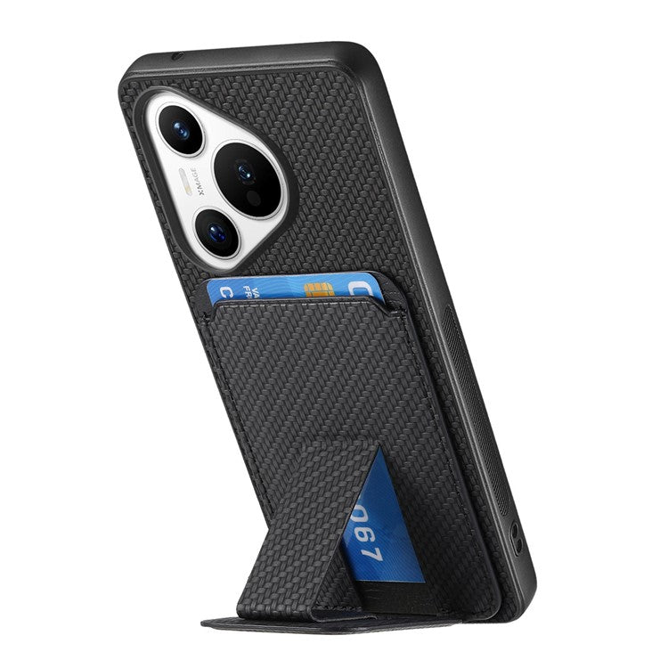 C1-11 for Huawei Pura 70 Case Kickstand Carbon Fiber Texture Leather+TPU Card Slot Phone Cover - Black