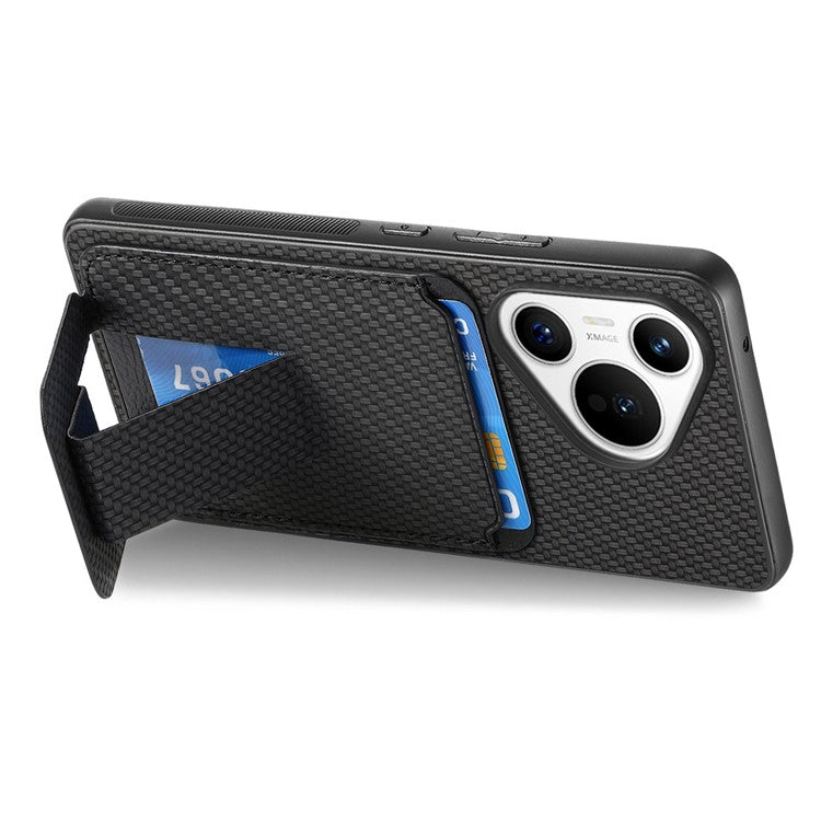 C1-11 for Huawei Pura 70 Case Kickstand Carbon Fiber Texture Leather+TPU Card Slot Phone Cover - Black