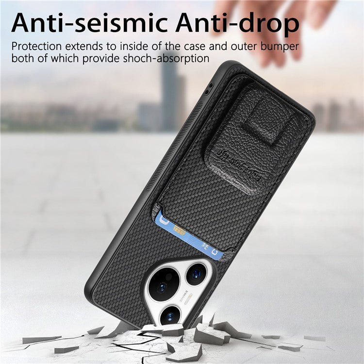 C1-11 for Huawei Pura 70 Case Kickstand Carbon Fiber Texture Leather+TPU Card Slot Phone Cover - Black