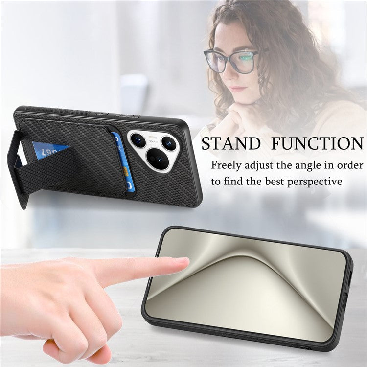 C1-11 for Huawei Pura 70 Case Kickstand Carbon Fiber Texture Leather+TPU Card Slot Phone Cover - Black
