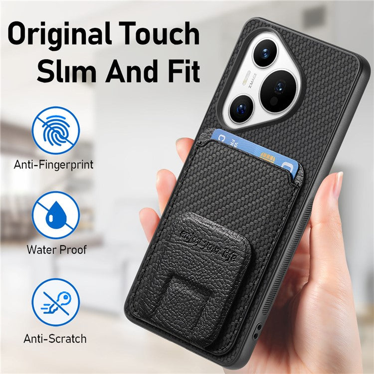 C1-11 for Huawei Pura 70 Case Kickstand Carbon Fiber Texture Leather+TPU Card Slot Phone Cover - Black