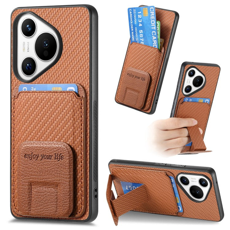 C1-11 for Huawei Pura 70 Case Kickstand Carbon Fiber Texture Leather+TPU Card Slot Phone Cover - Brown