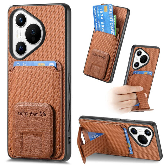 C1-11 for Huawei Pura 70 Case Kickstand Carbon Fiber Texture Leather+TPU Card Slot Phone Cover - Brown