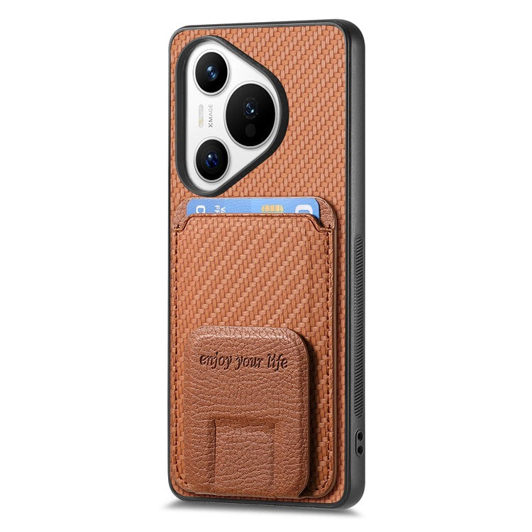 C1-11 for Huawei Pura 70 Case Kickstand Carbon Fiber Texture Leather+TPU Card Slot Phone Cover - Brown
