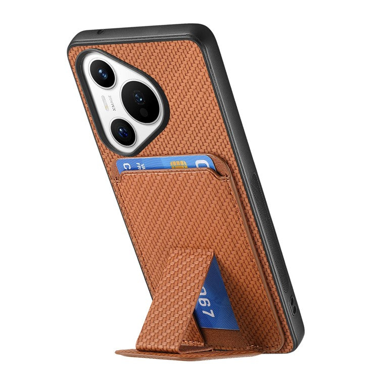 C1-11 for Huawei Pura 70 Case Kickstand Carbon Fiber Texture Leather+TPU Card Slot Phone Cover - Brown