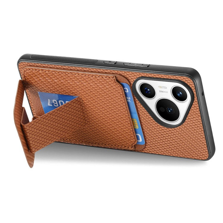 C1-11 for Huawei Pura 70 Case Kickstand Carbon Fiber Texture Leather+TPU Card Slot Phone Cover - Brown